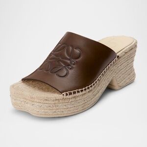 LOEWE Paula's Ibiza Petal Espadrille Platform Slide Sandals in Brown Leather 38